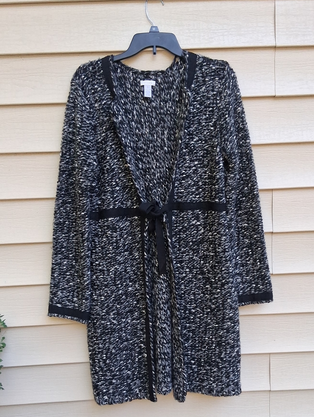 Chico's Marled Black and White Knit Open-Front Cardigan with Tie